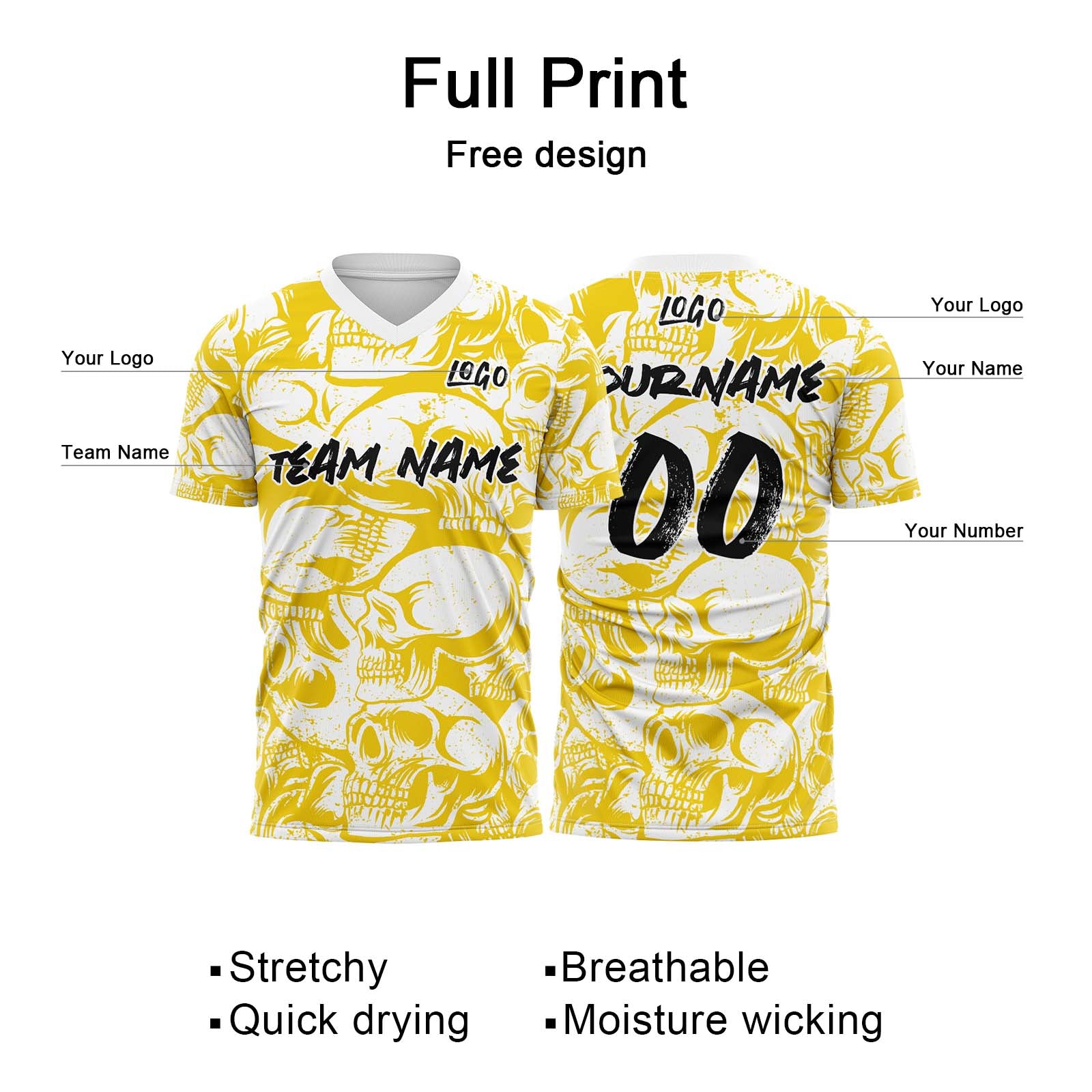 Custom Retro Skull-Yellow&White T-Shirts for Sports Fans, Personalized Name and Number