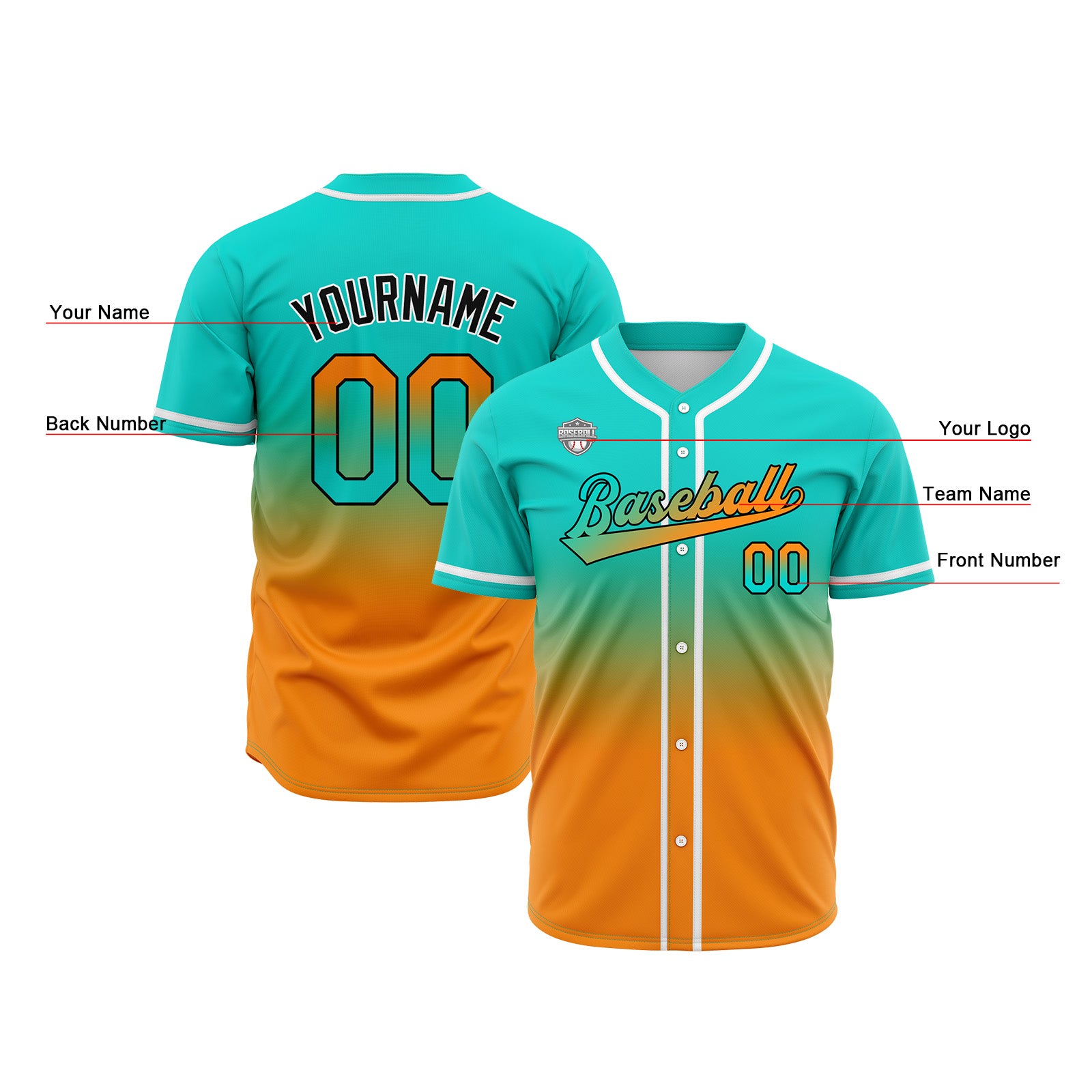 Custom Gradient Print Hip Hop Button Down Baseball Jersey Teal&Orange