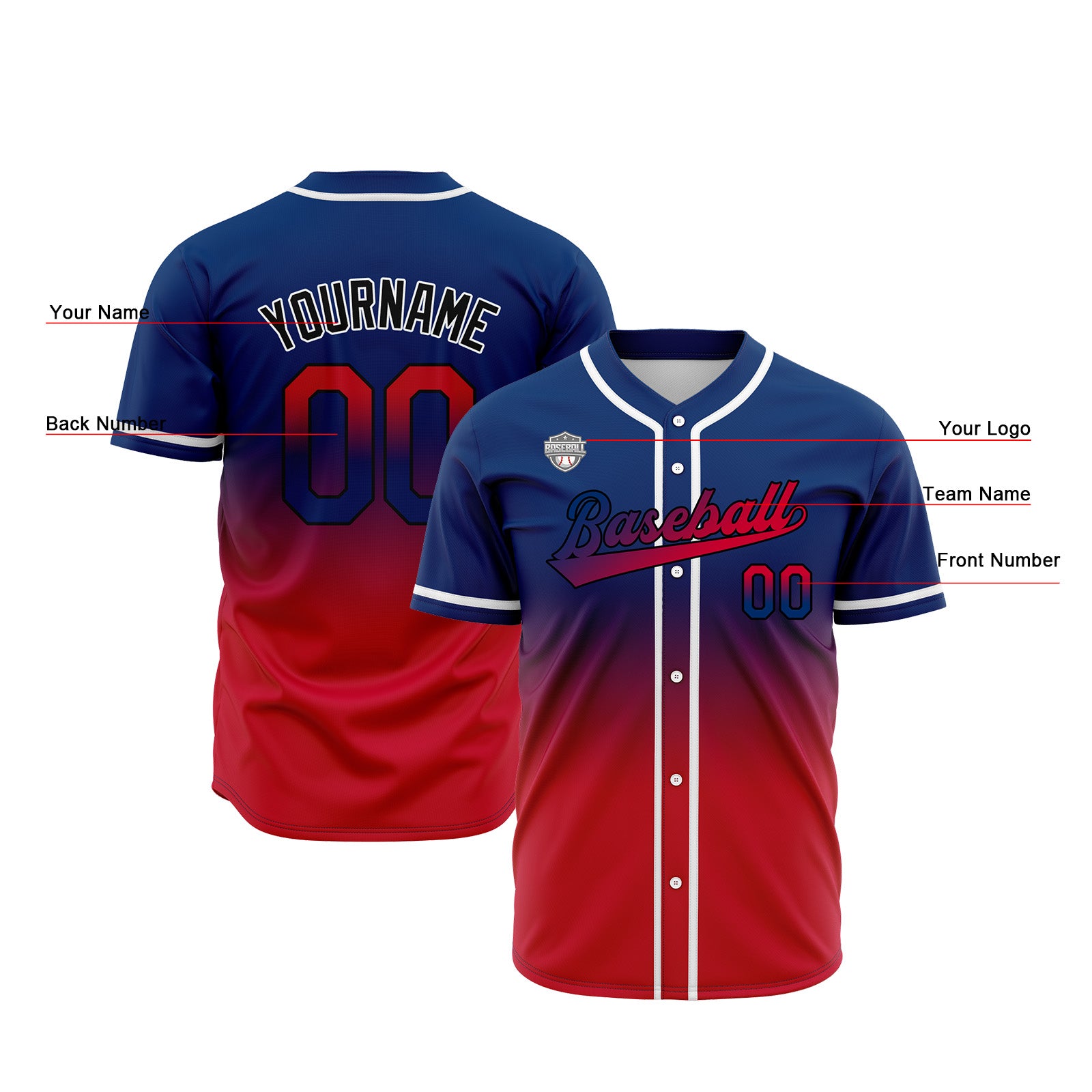 Custom Gradient Print Hip Hop Button Down Baseball Jersey Navy&Red