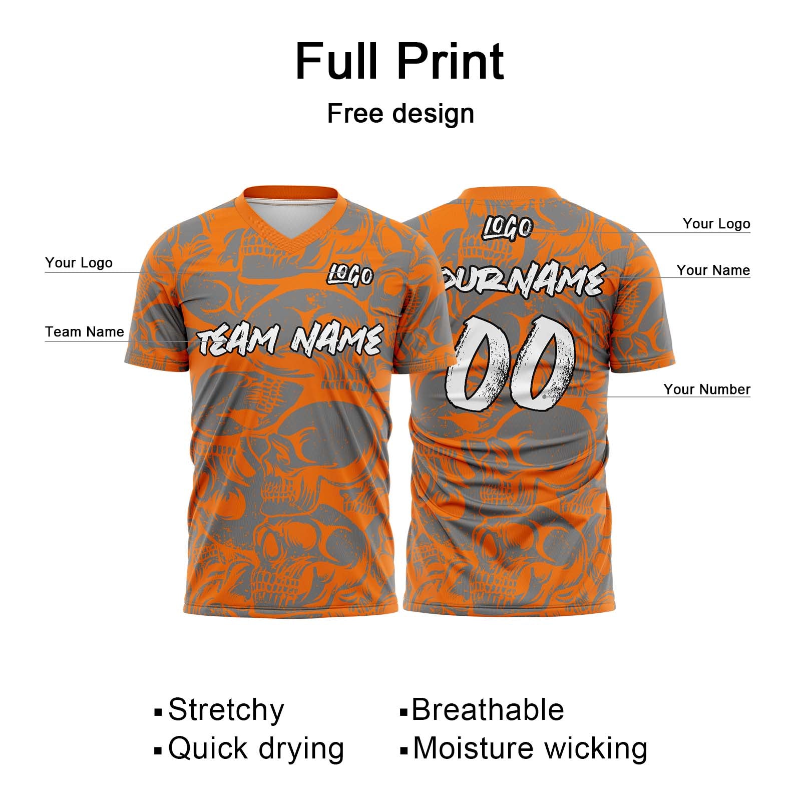 Custom Retro Skull-Orange&Grey T-Shirts for Sports Fans, Personalized Name and Number