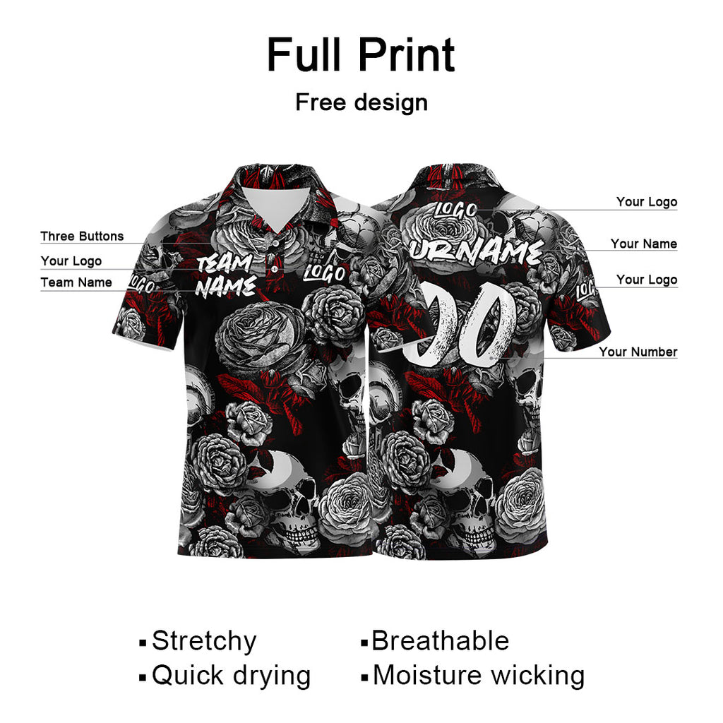 Custom Rose Skull-Grey&Red Football Polo Shirts Add Your Unique Logo/Name/Number