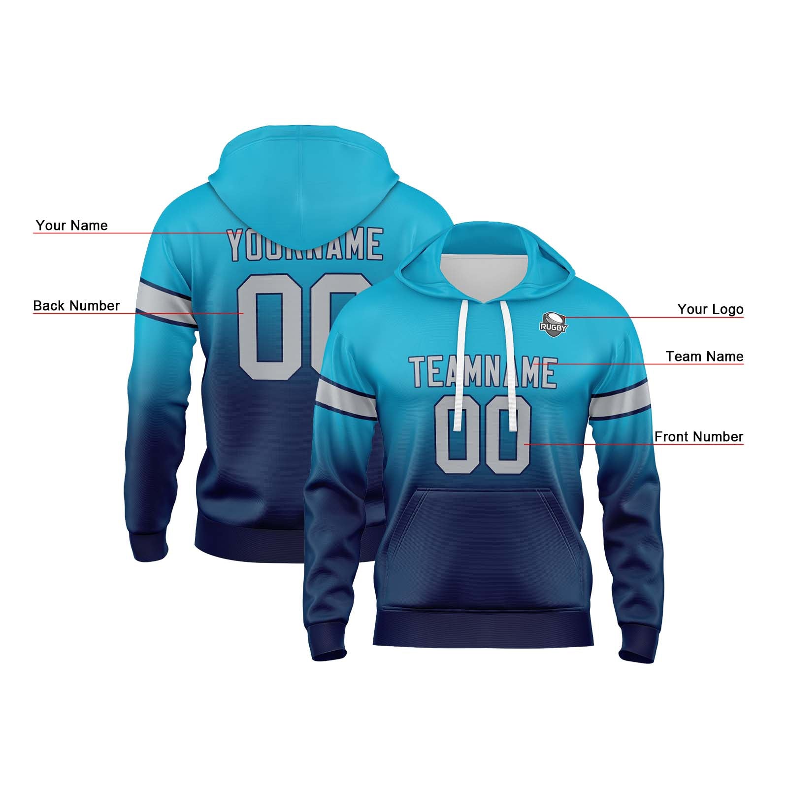 Custom Gradient Hoodie For Man Woman Girl Boy Print Your Logo Name Number Aqua Dark Blue