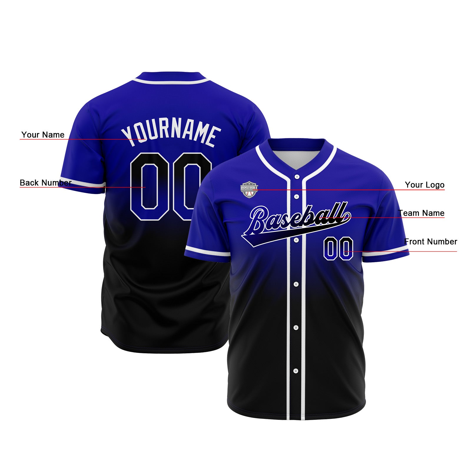 Custom Gradient Print Hip Hop Button Down Baseball Jersey Royal&Black