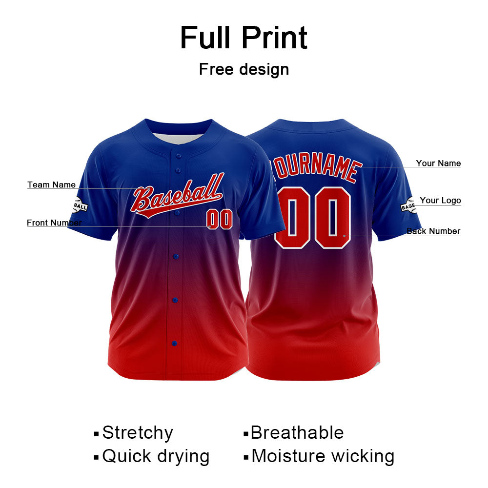 Custom Gradient Print Hip Hop Button Down Baseball Jersey Royal-Red