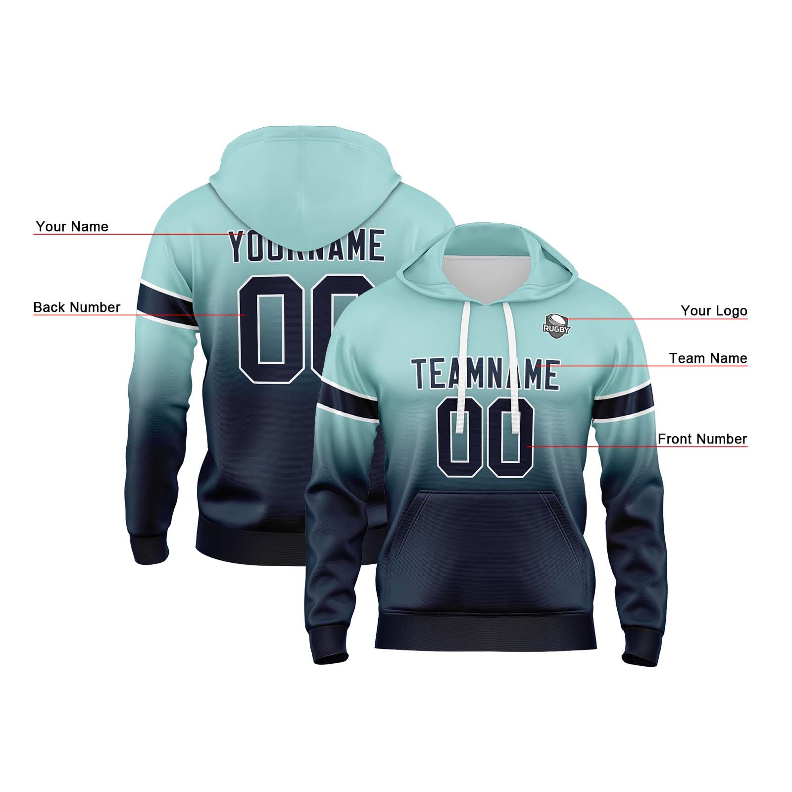 Custom Gradient Hoodie For Man Woman Girl Boy Print Your Logo Name Number Light Teal Navy