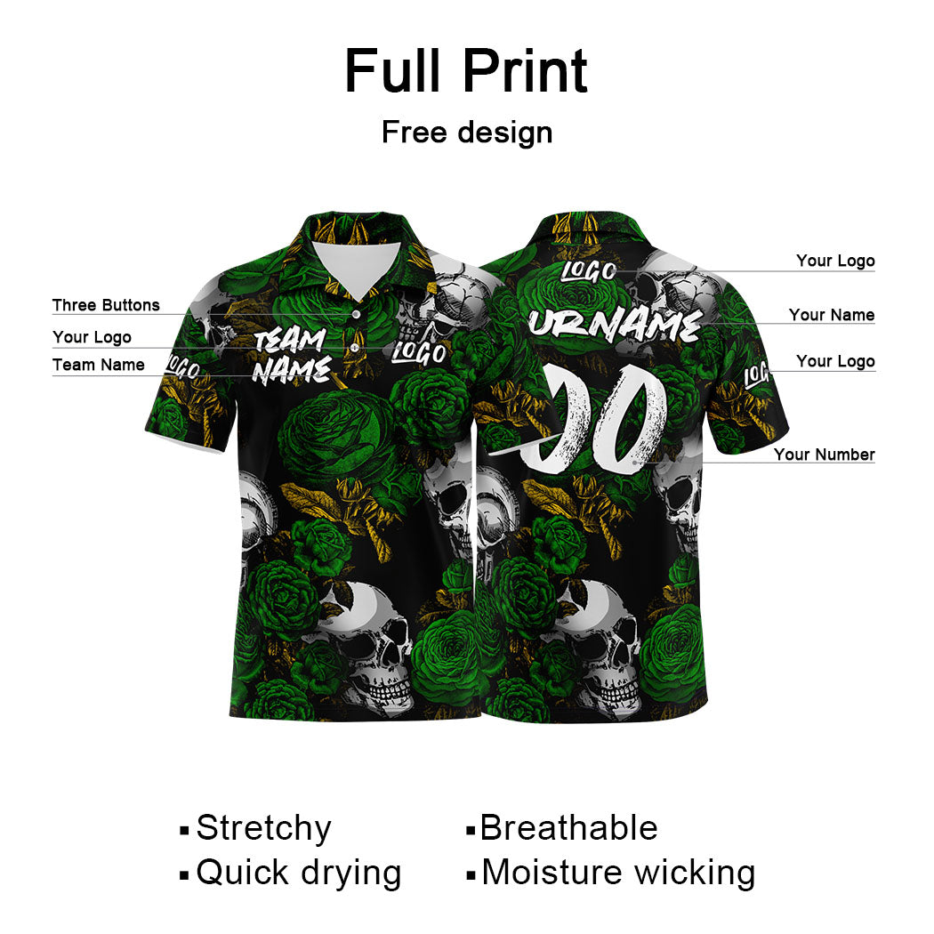 Custom Rose Skull-Green&Yellow Football Polo Shirts Add Your Unique Logo/Name/Number