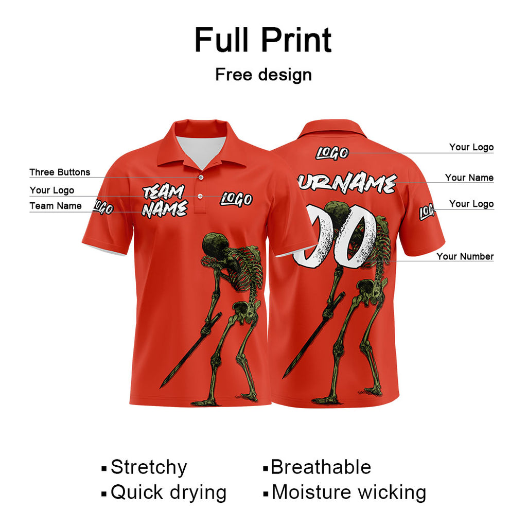 Custom Skeleton-Orange Football Polo Shirts Add Your Unique Logo/Name/Number