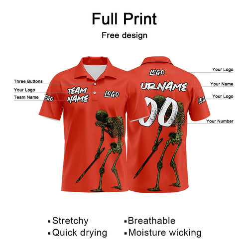 Custom Skeleton-Orange Football Polo Shirts Add Your Unique Logo/Name/Number