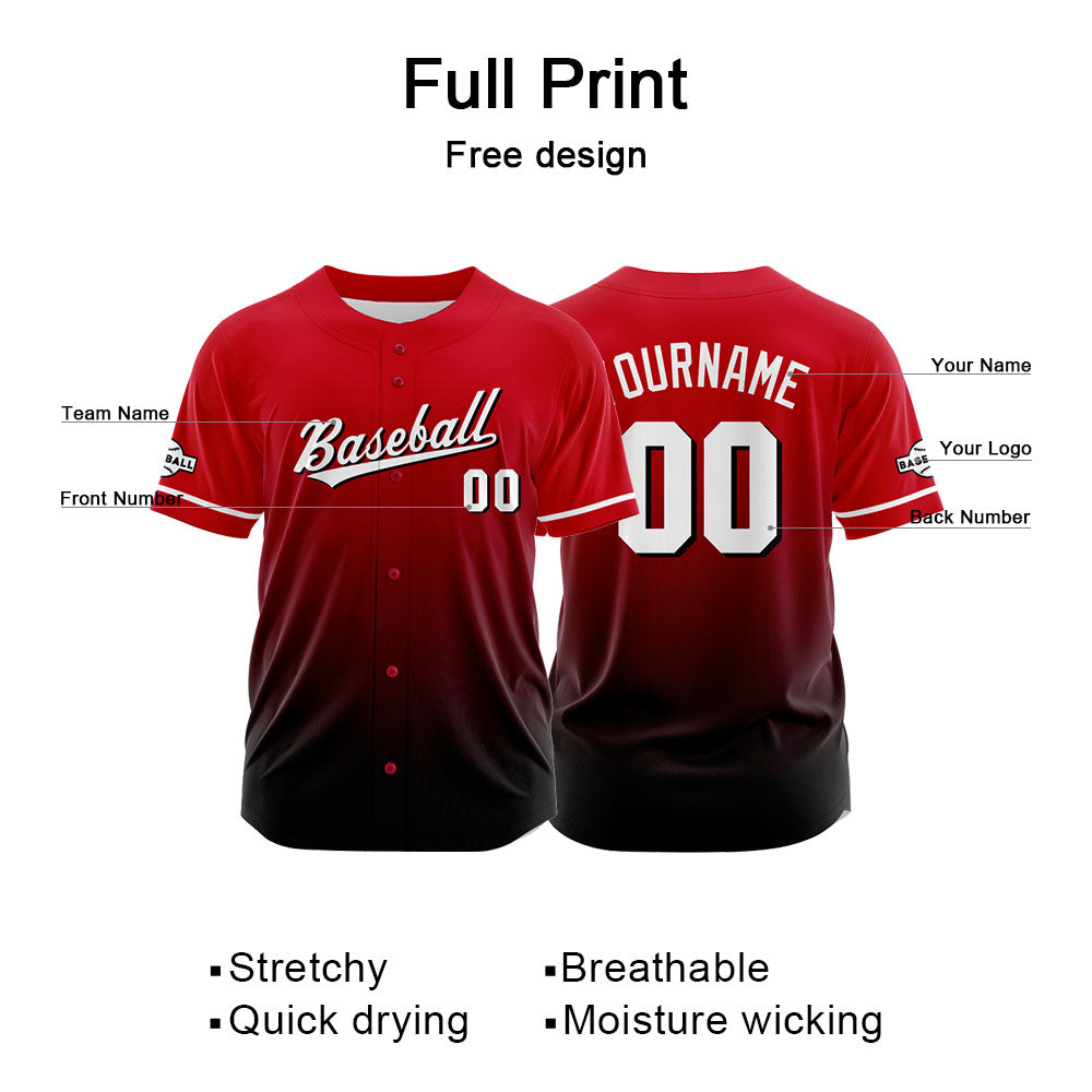 Custom Gradient Print Hip Hop Button Down Baseball Jersey Red-Black-White