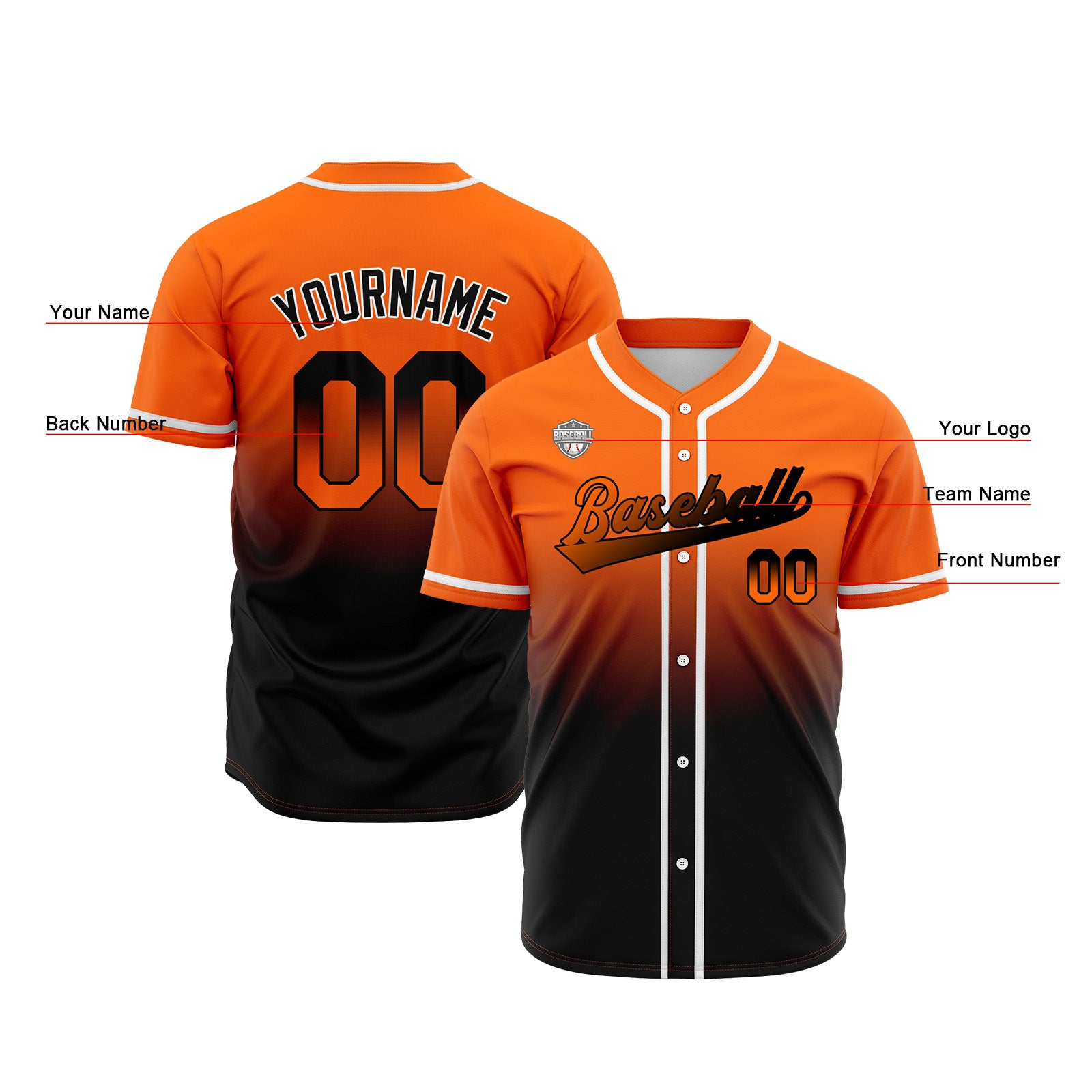 Custom Gradient Print Hip Hop Button Down Baseball Jersey Orange&Black