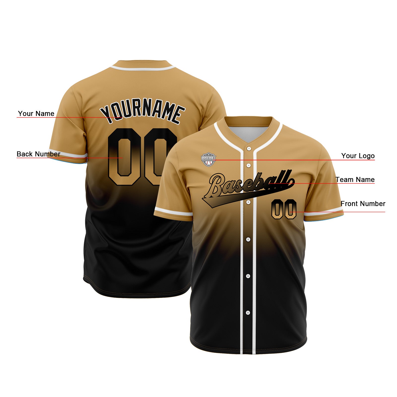 Custom Gradient Print Hip Hop Button Down Baseball Jersey Gold&Black