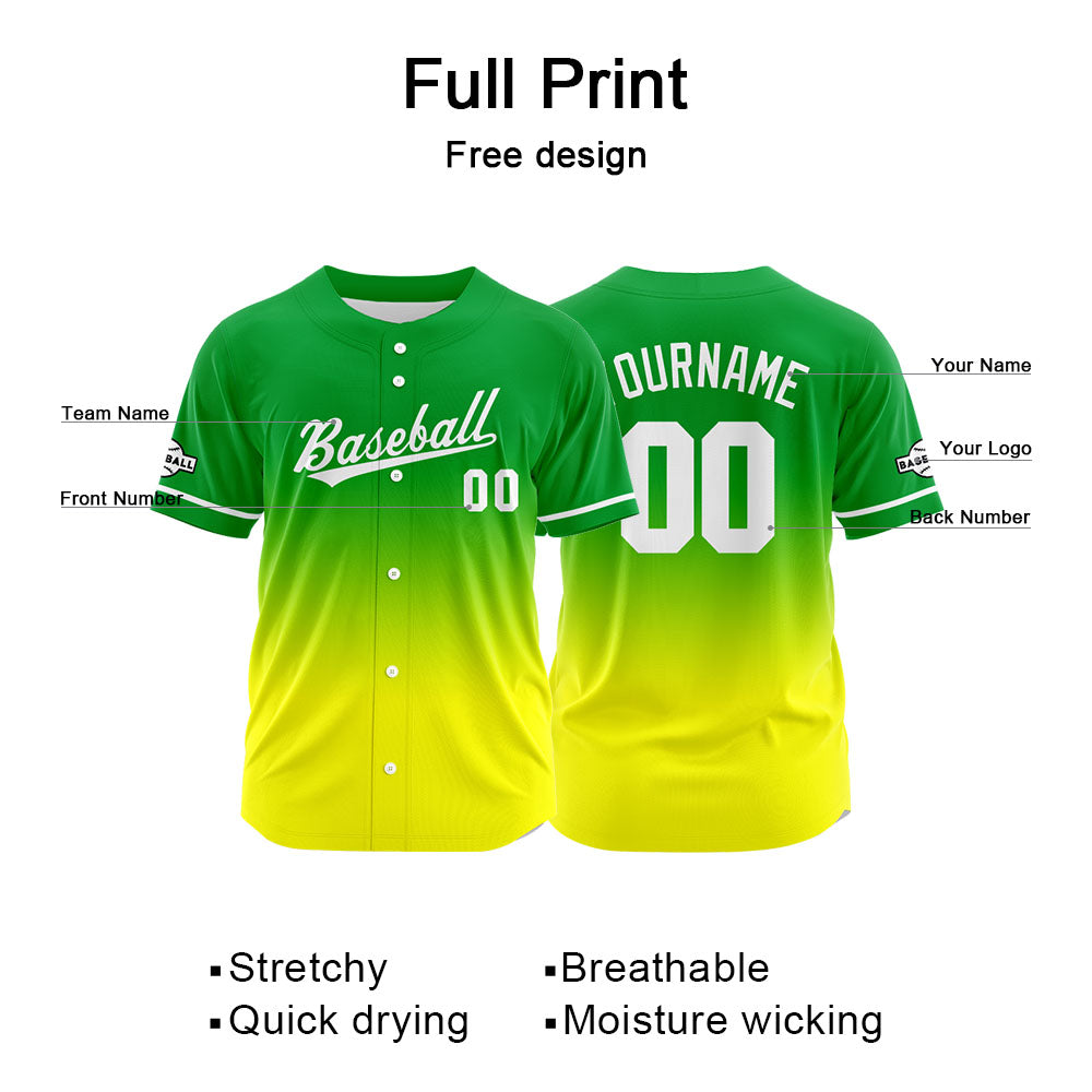 Custom Gradient Print Hip Hop Button Down Baseball Jersey Green&Yellow