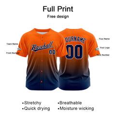 Custom Gradient Print Hip Hop Button Down Baseball Jersey Orange-Navy