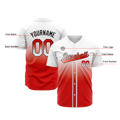 Custom Gradient Print Hip Hop Button Down Baseball Jersey White&Red