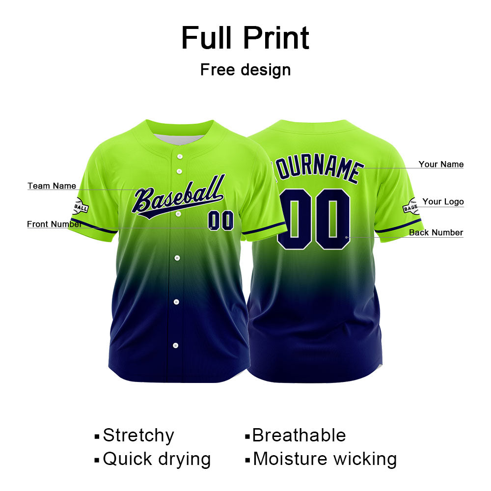 Custom Gradient Print Hip Hop Button Down Baseball Jersey Neon Green&Navy