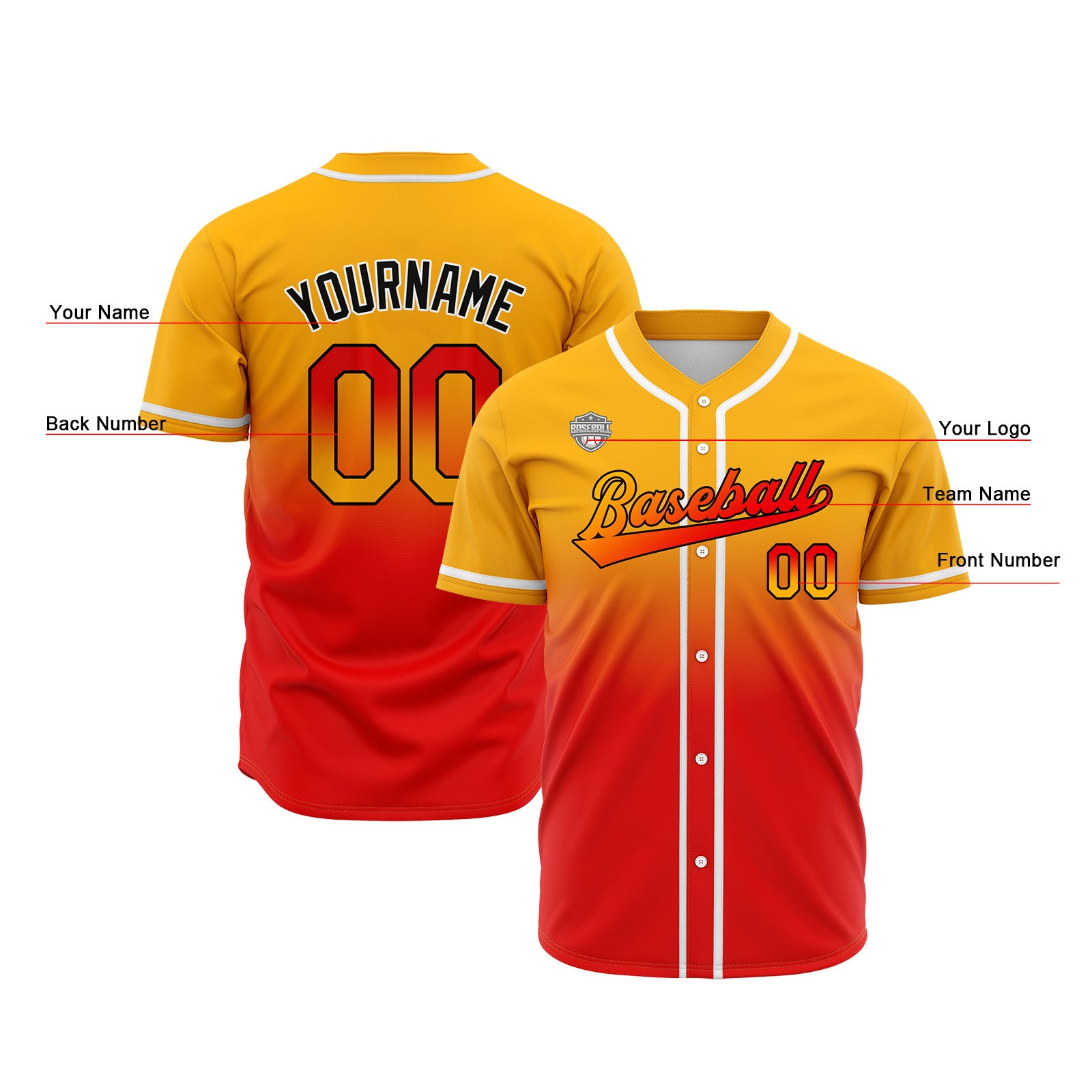 Custom Gradient Print Hip Hop Button Down Baseball Jersey Light Orange&Red