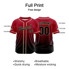 Custom Gradient Print Hip Hop Button Down Baseball Jersey Red-Black-Black