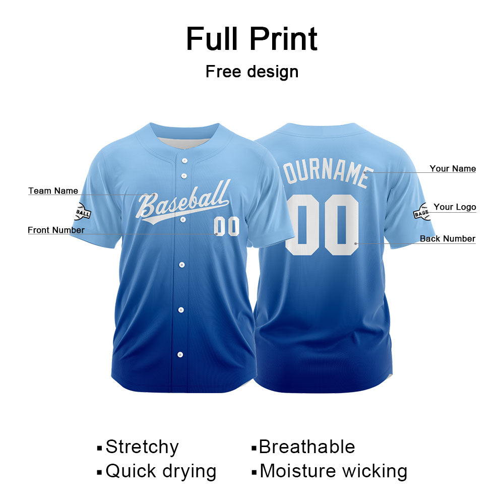 Custom Gradient Print Hip Hop Button Down Baseball Jersey Light Blue-Blue