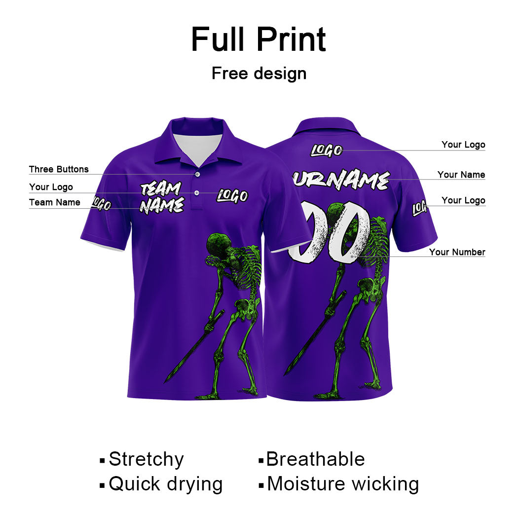 Custom Skeleton-Purple Football Polo Shirts Add Your Unique Logo/Name/Number