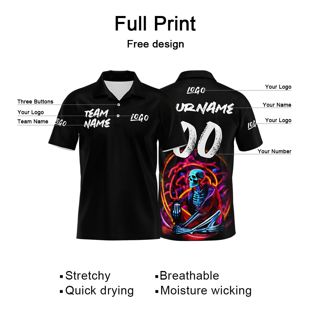 Custom Neon Skeleton-Black&Yellow Football Polo Shirts Add Your Unique Logo/Name/Number