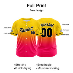 Custom Gradient Print Hip Hop Button Down Baseball Jersey Yellow&Hot Pink