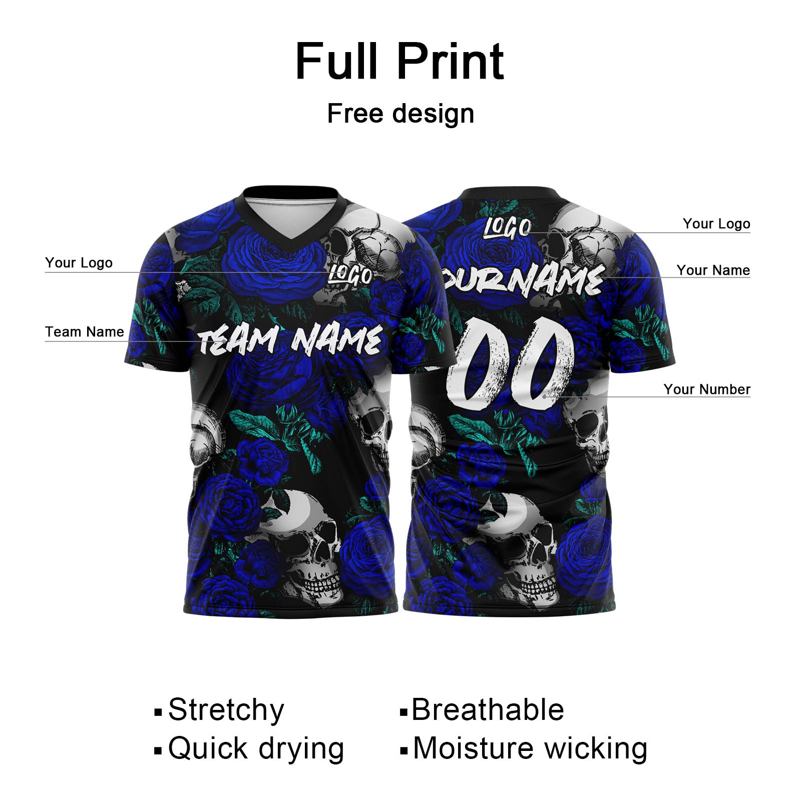 Custom Rose Skull-Royal T-Shirts for Sports Fans, Personalized Name and Number