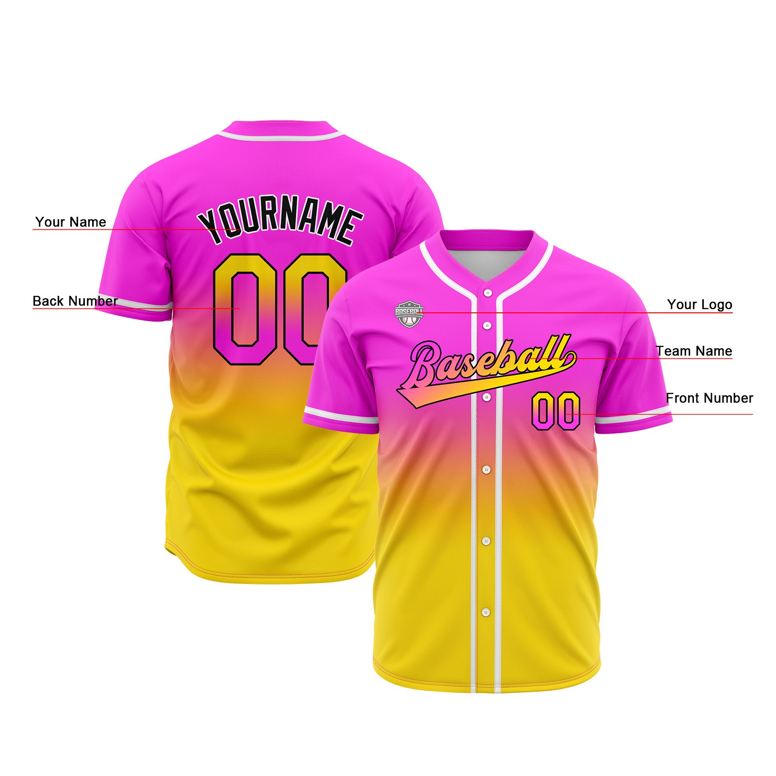 Custom Gradient Print Hip Hop Button Down Baseball Jersey Pink&Chartreuse