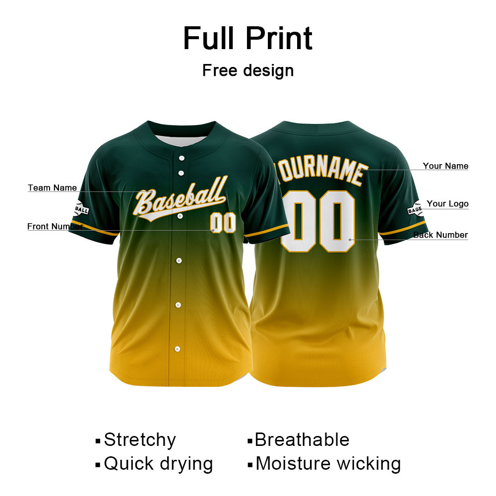 Custom Gradient Print Hip Hop Button Down Baseball Jersey Green-Yellow