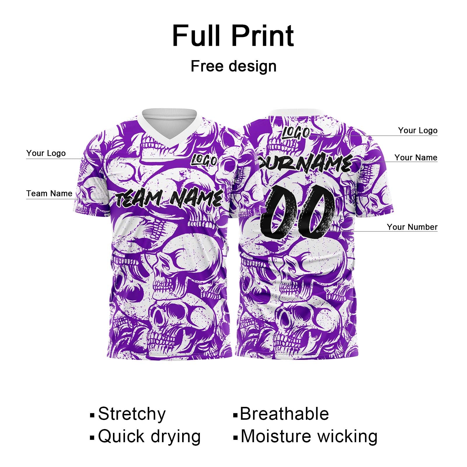 Custom Retro Skull-Purple&White T-Shirts for Sports Fans, Personalized Name and Number