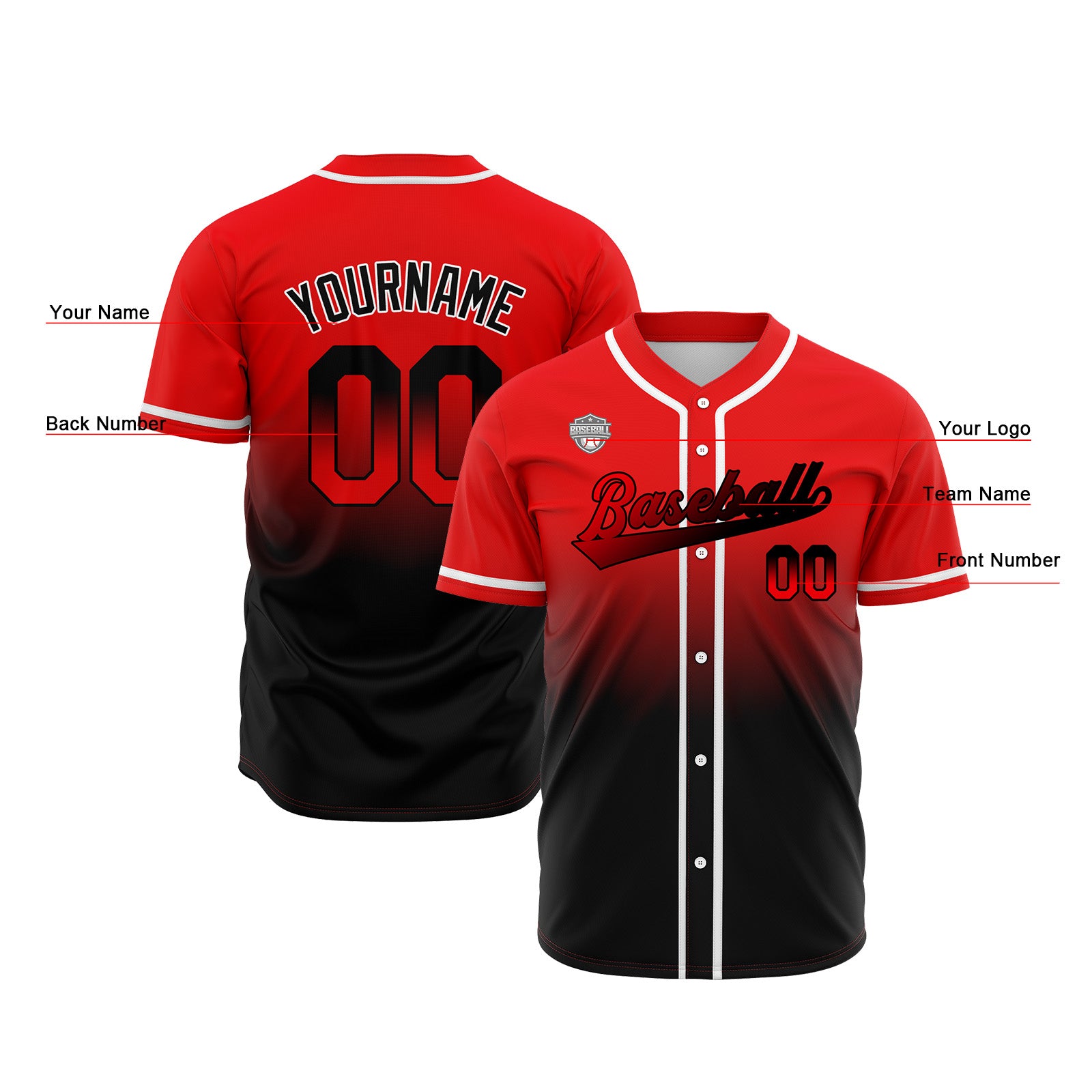 Custom Gradient Print Hip Hop Button Down Baseball Jersey Red&Balck