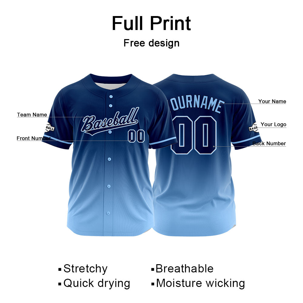 Custom Gradient Print Hip Hop Button Down Baseball Jersey Navy-Light Blue