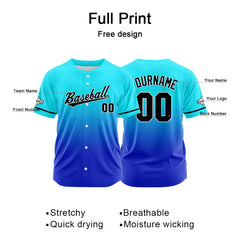 Custom Gradient Print Hip Hop Button Down Baseball Jersey Light Blue&Blue