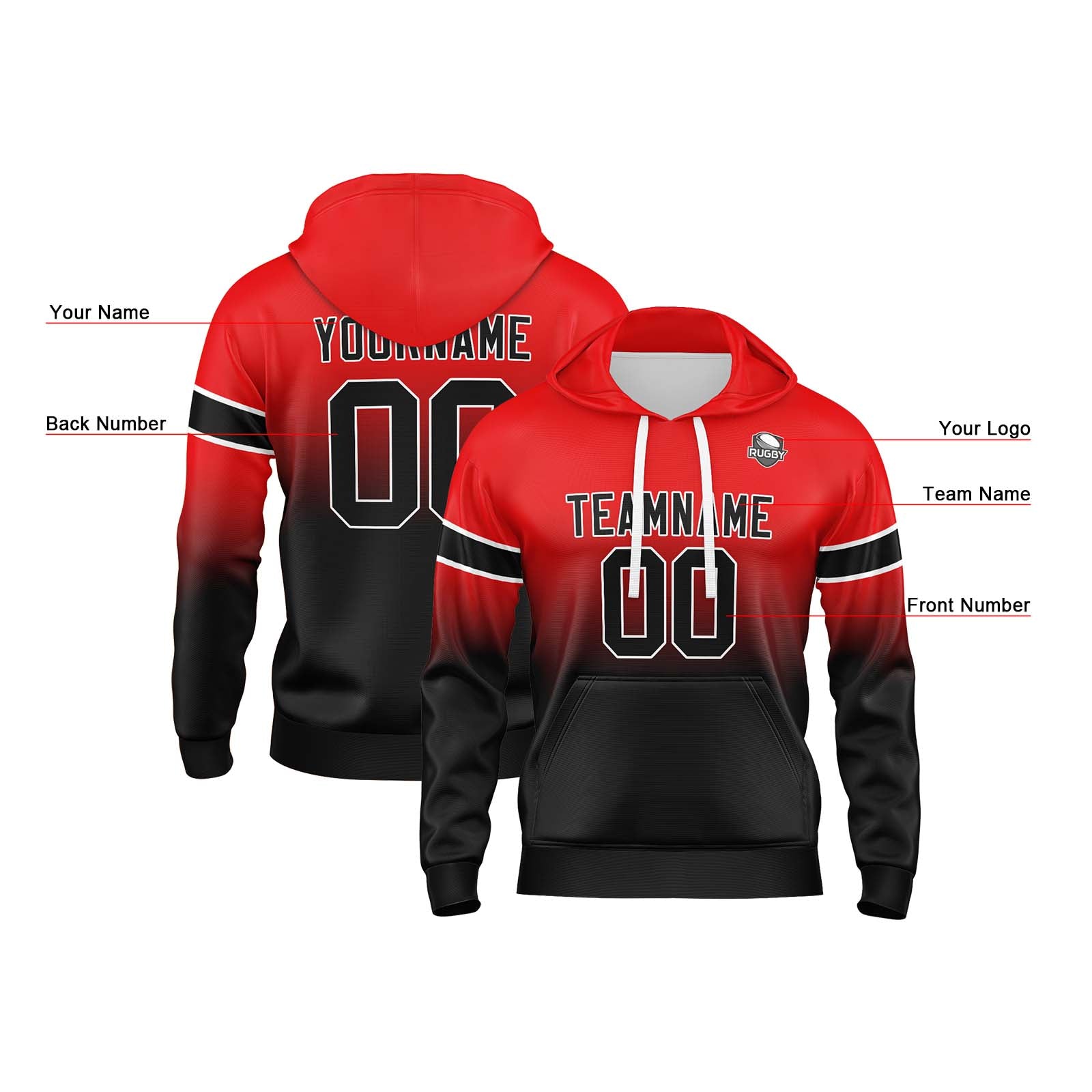 Custom Gradient Hoodie For Man Woman Girl Boy Print Your Logo Name Number Red Balck