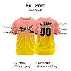 Custom Gradient Print Hip Hop Button Down Baseball Jersey Light Pink&Yellow