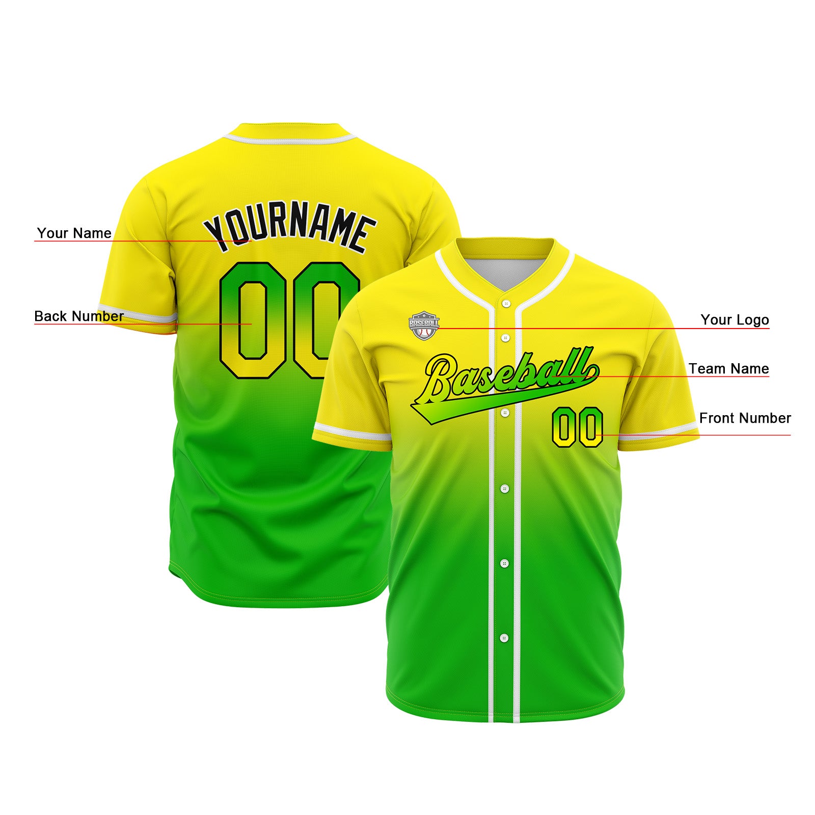 Custom Gradient Print Hip Hop Button Down Baseball Jersey Yellow&Green