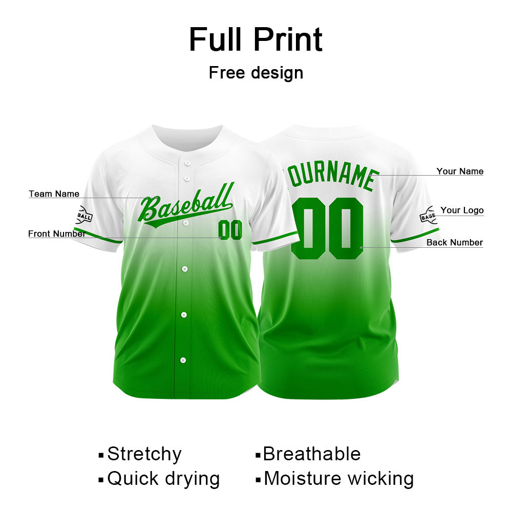 Custom Gradient Print Hip Hop Button Down Baseball Jersey Green&White