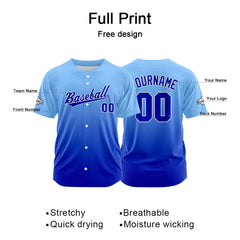 Custom Gradient Print Hip Hop Button Down Baseball Jersey Light Blue-Royal