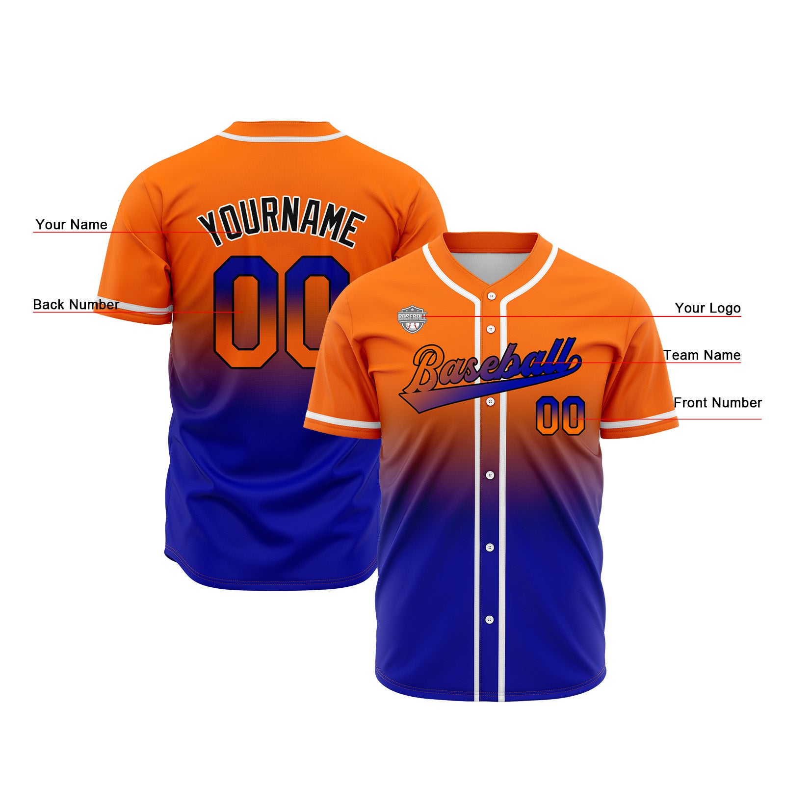 Custom Gradient Print Hip Hop Button Down Baseball Jersey Orange&Royal