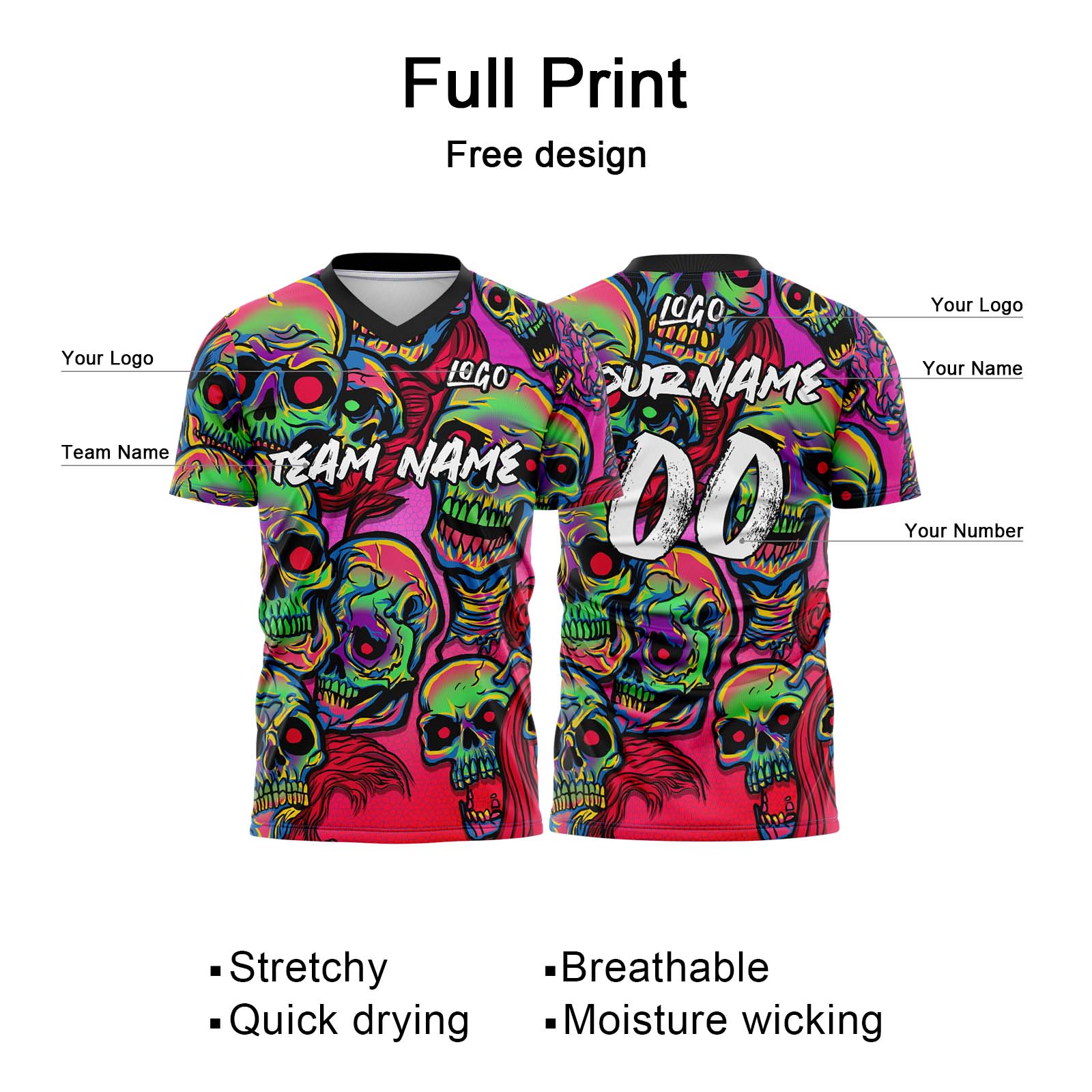 Custom Fantasy Skeleton-Pink&Green T-Shirts for Sports Fans, Personalized Name and Number