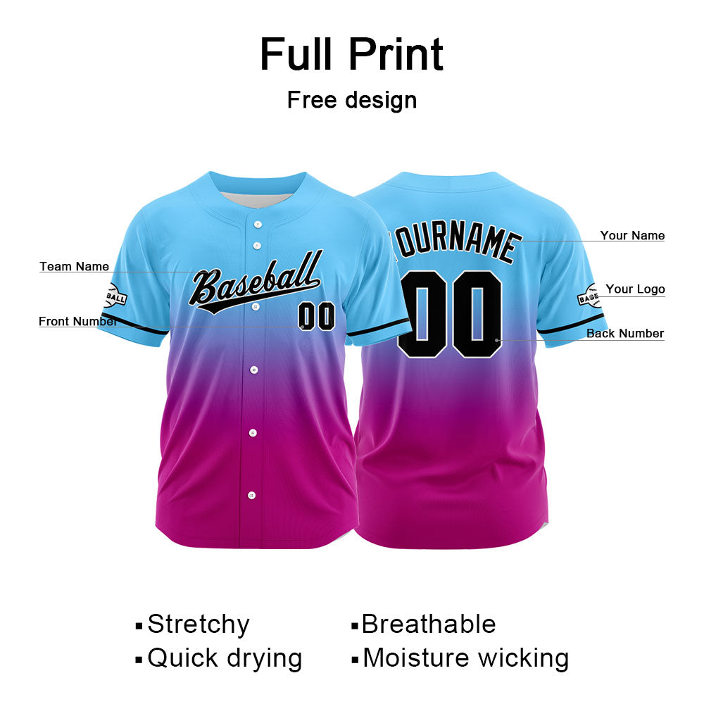 Custom Gradient Print Hip Hop Button Down Baseball Jersey Light Blue&Pink Purple