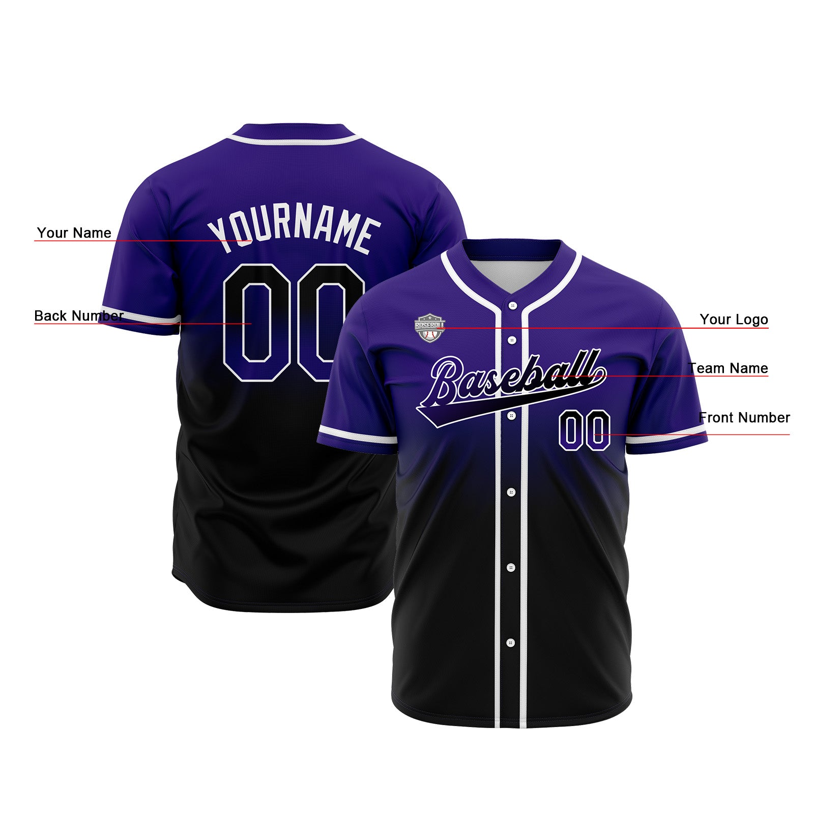 Custom Gradient Print Hip Hop Button Down Baseball Jersey Purple&Black