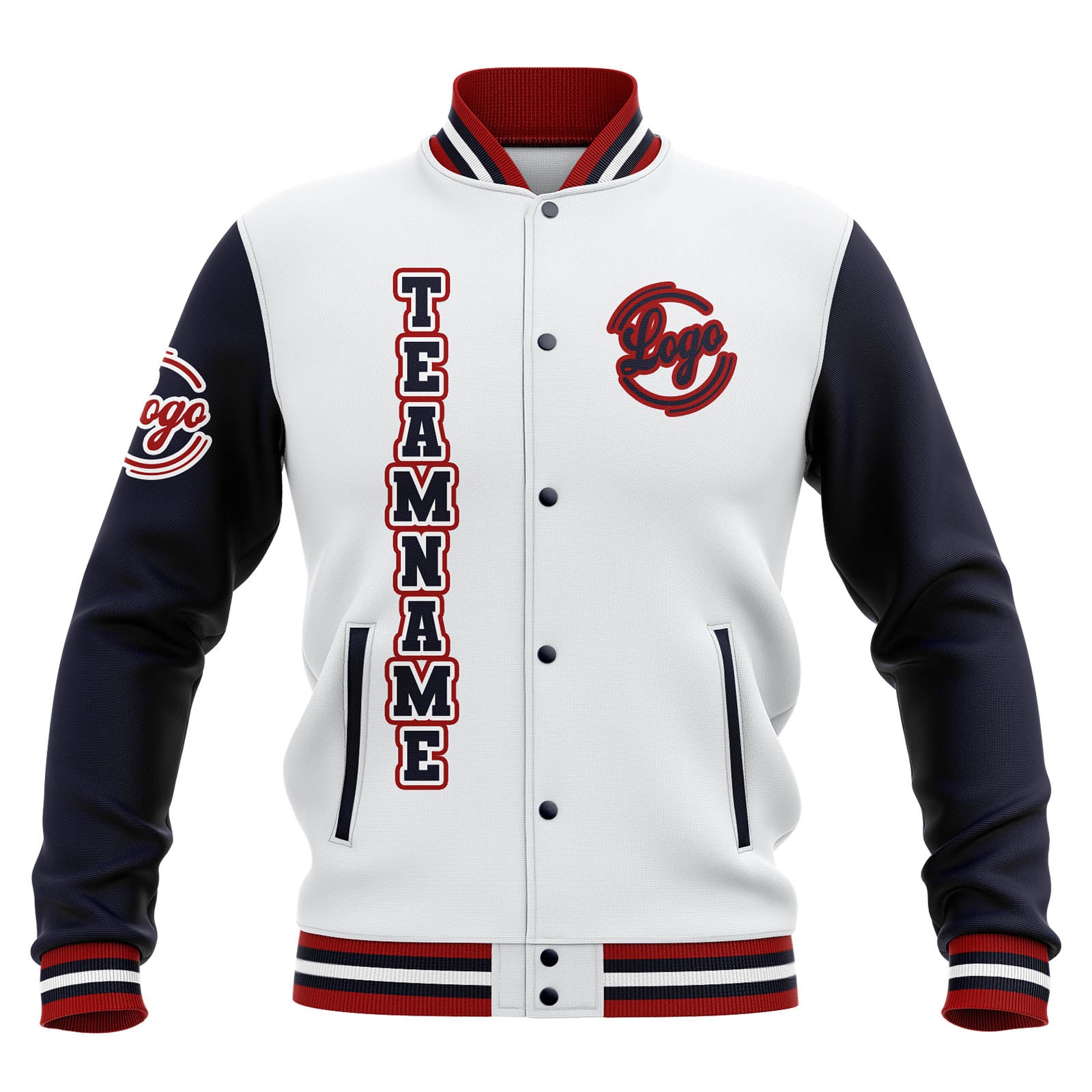 Custom White Navy Red Waterproof Varsity Jackets Personalized Stitched Name Number Logo to Letterman Jackets