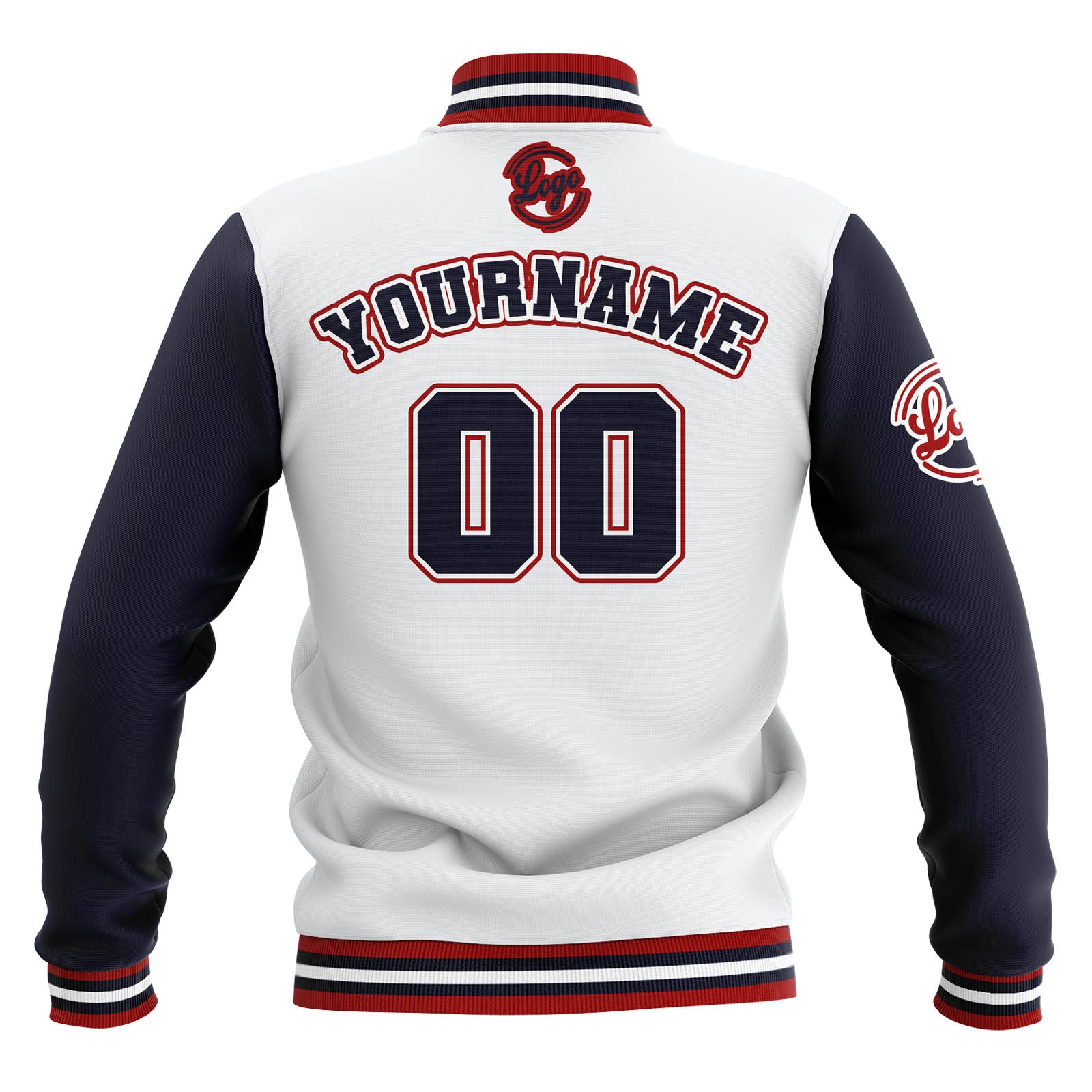 Custom White Navy Red Waterproof Varsity Jackets Personalized Stitched Name Number Logo to Letterman Jackets