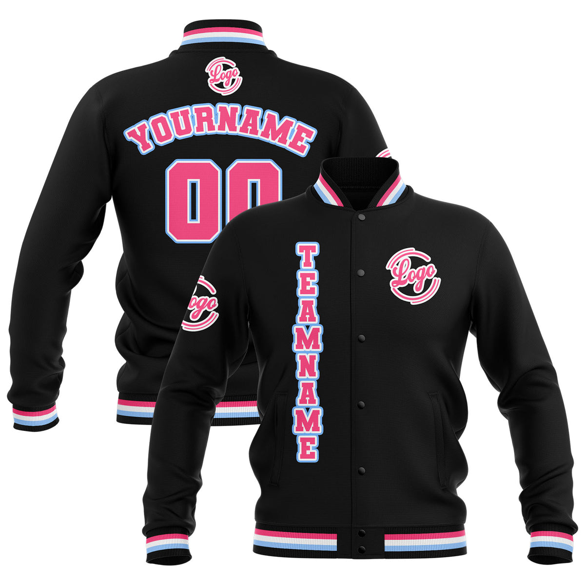 Custom Black Pink Light Blue  Waterproof Varsity Jackets Personalized Stitched Name Number Logo to Letterman Jackets