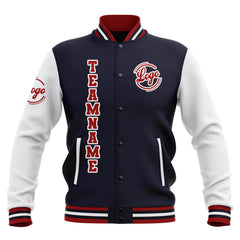 Custom Navy White Red Waterproof Varsity Jackets Personalized Stitched Name Number Logo to Letterman Jackets