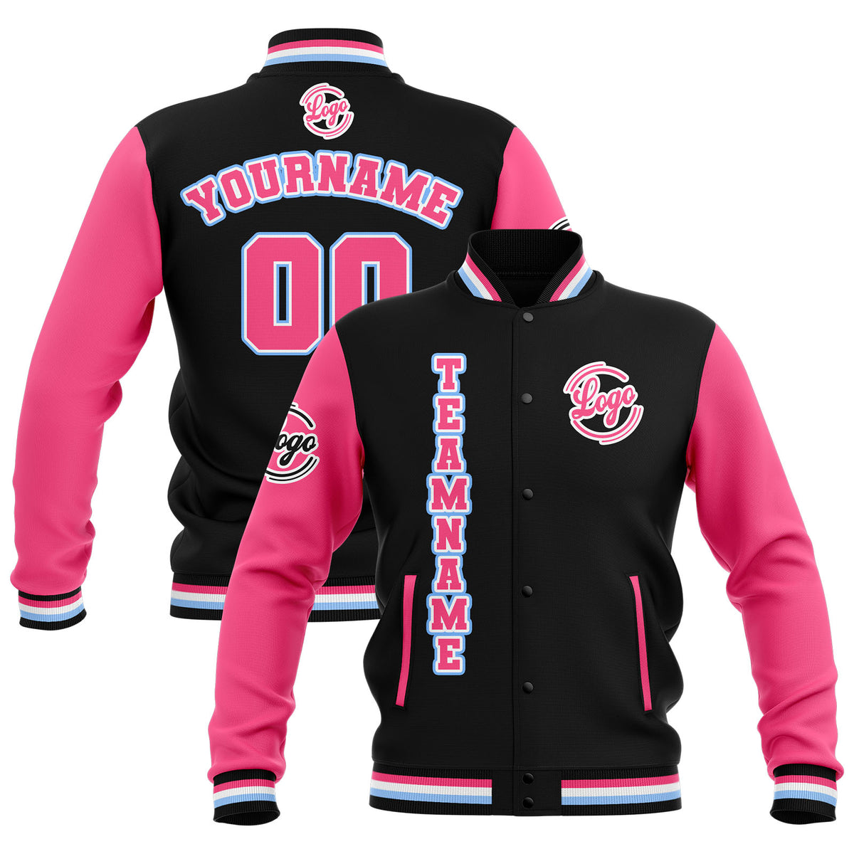 Custom Black Pink Light Blue  Waterproof Varsity Jackets Personalized Stitched Name Number Logo to Letterman Jackets