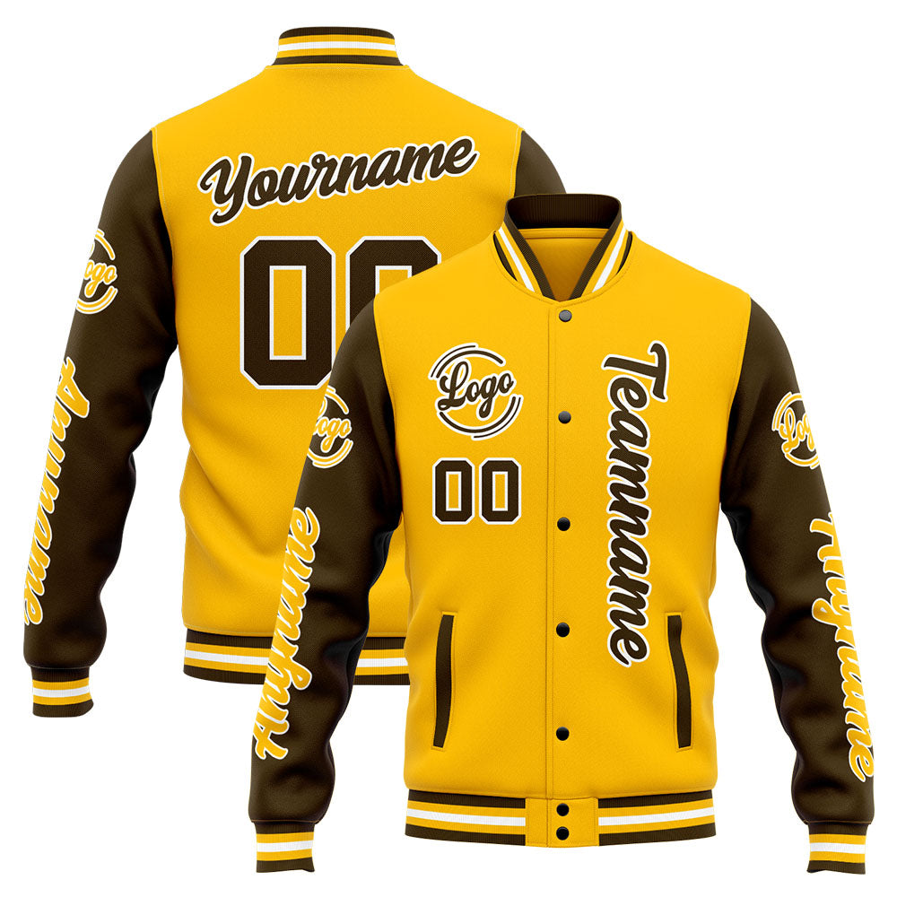 Custom Varsity Jacket Letterman Jacket For Men, Women And Youth Brown Yellow