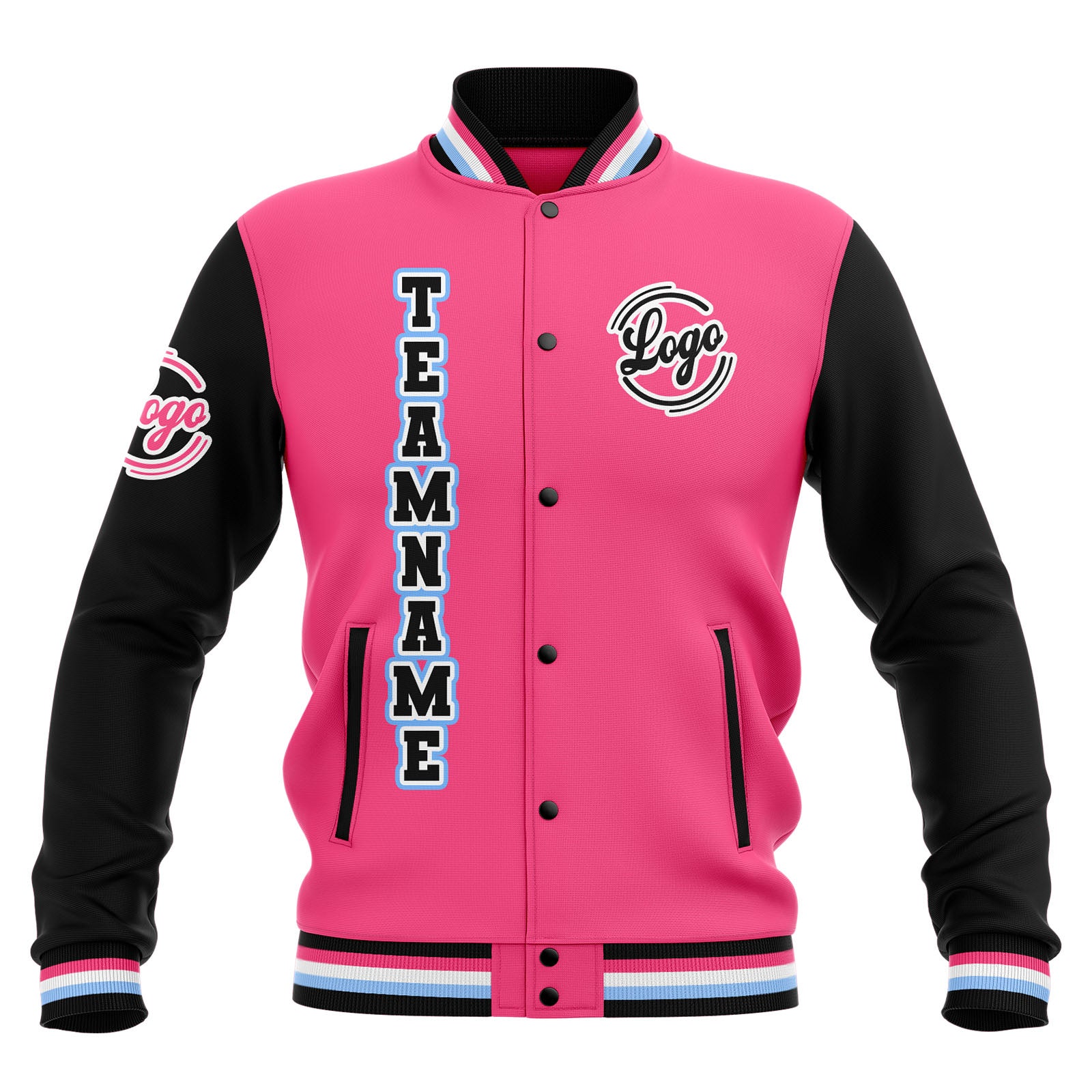 Custom Black Pink Light Blue  Waterproof Varsity Jackets Personalized Stitched Name Number Logo to Letterman Jackets