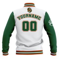 Custom White Green Orange Waterproof Varsity Jackets Personalized Stitched Name Number Logo to Letterman Jackets