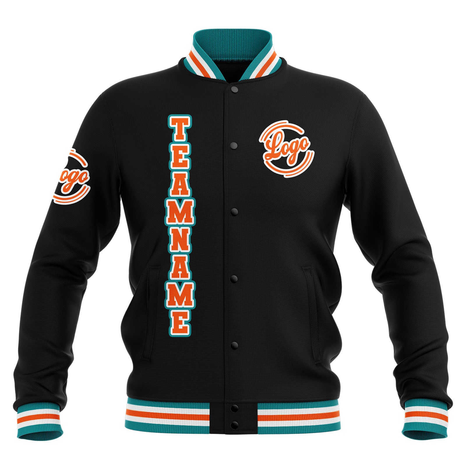 Custom Black Teal Orange Waterproof Varsity Jackets Personalized Stitched Name Number Logo to Letterman Jackets